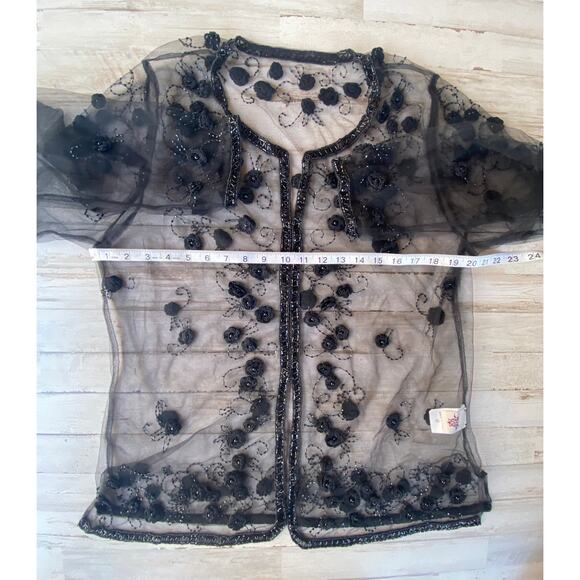 Black Net Embroidered Beaded Floral Blouse Shirt Top Jacket SZ L C100845 - Picture 7 of 10